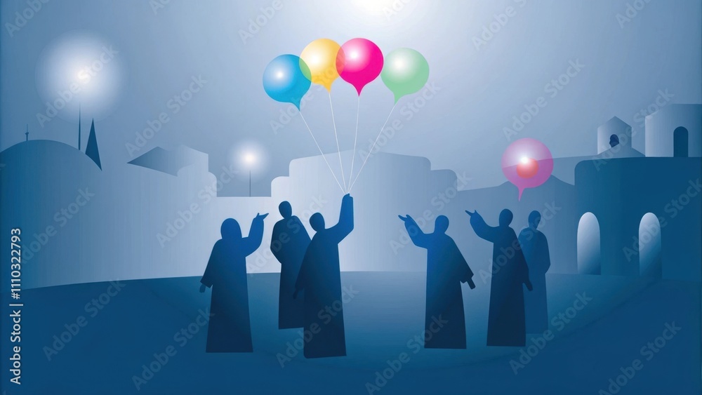 Poster in the bustling streets of an ancient city the disciples stand in a circle. above each of them are v