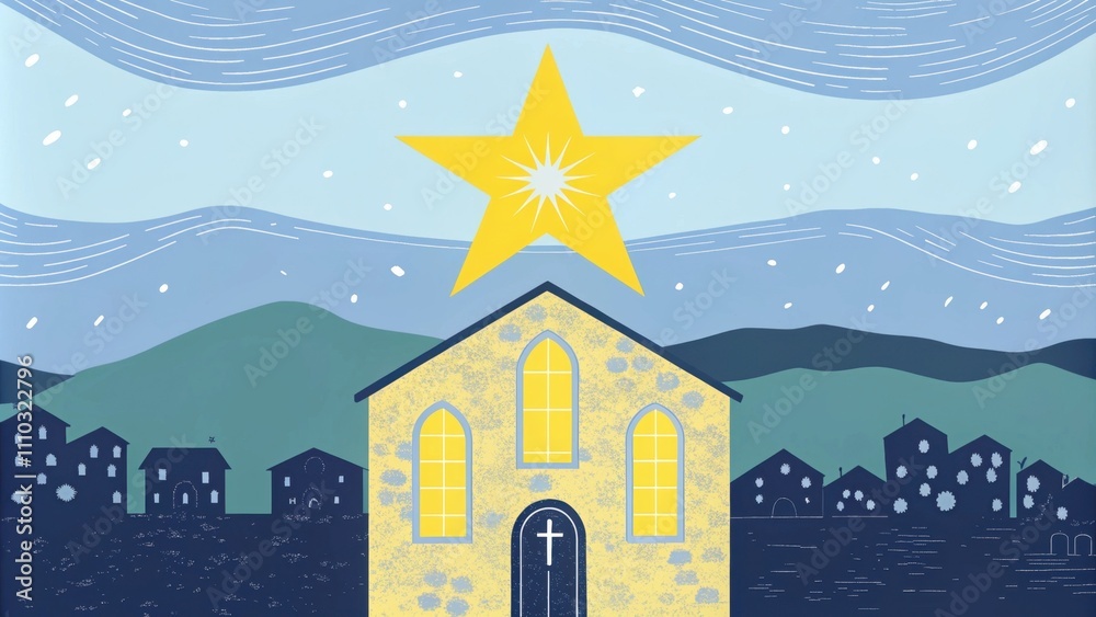 Poster in the foreground a quaint village rests under the watchful gaze of a large radiant star shining dir