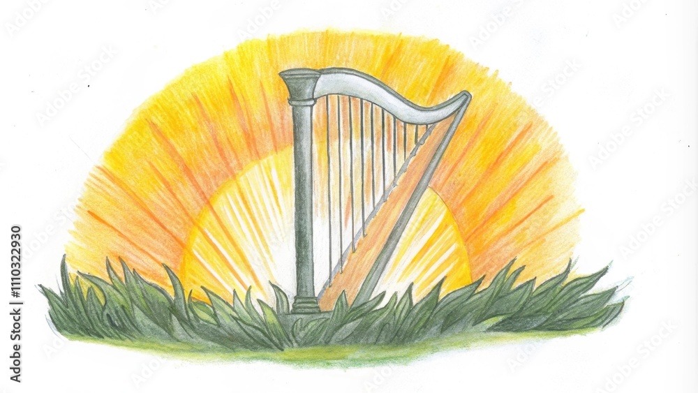 Poster perched atop a grassy knoll at sunrise a harp constructed from iridescent feathers pulses with a sof
