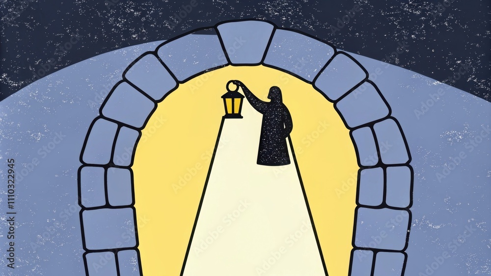 Poster set within an ancient stone archway jesus stands in silhouette holding the lantern aloft. the light 