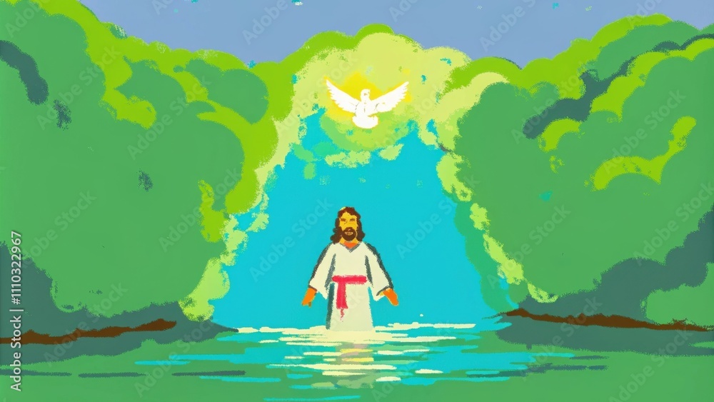 Poster set against a backdrop of vibrant greenery jesus stands in the river with an expression of reverent 