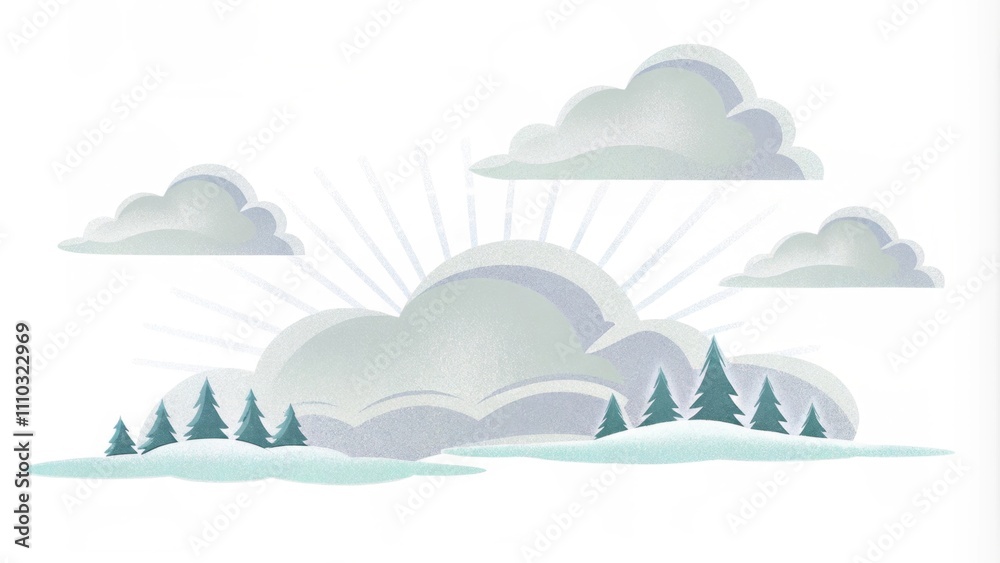 Poster  shafts of silver trate through misty layers of clouds that hover around the peaks. The soft illumination reveals evergreen trees tered across the mountains flanks giving it a. Cartoon