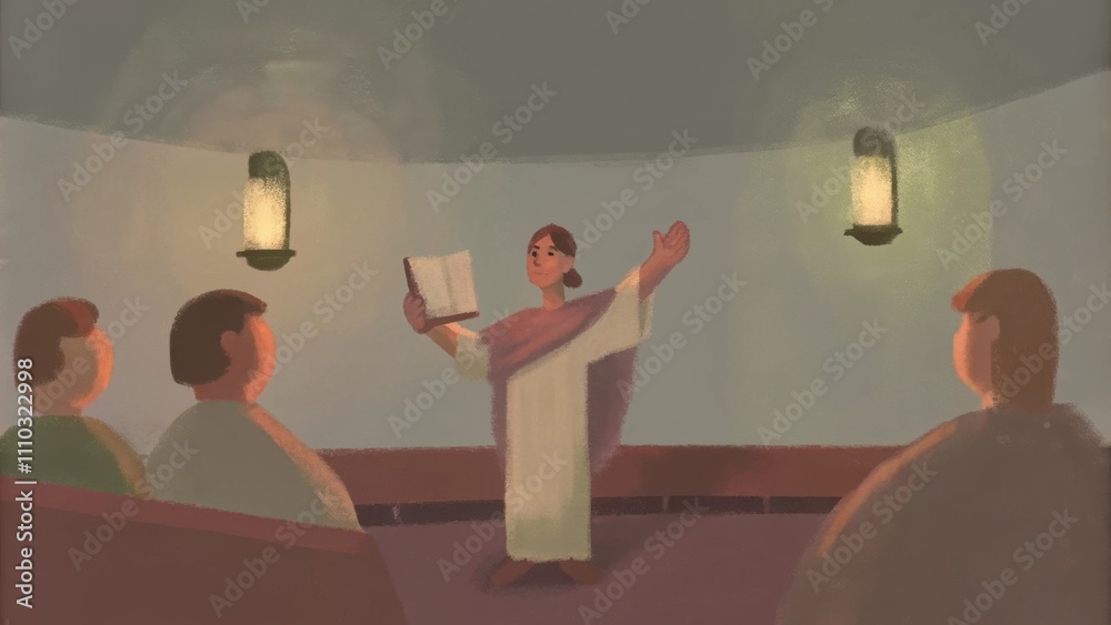 Poster Surrounded by a semicircle of seated listeners the central figure holds an open scroll in one hand while his other hand points skyward as if emphasizing a profound point. The room. Cartoon