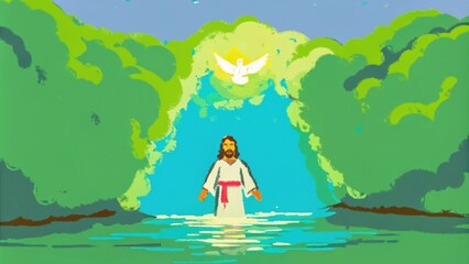 Obraz premium Set against a backdrop of vibrant greenery Jesus stands in the river with an expression of reverent devotion. The Spirit represented by a glowing dove descends from a bright. Cartoon