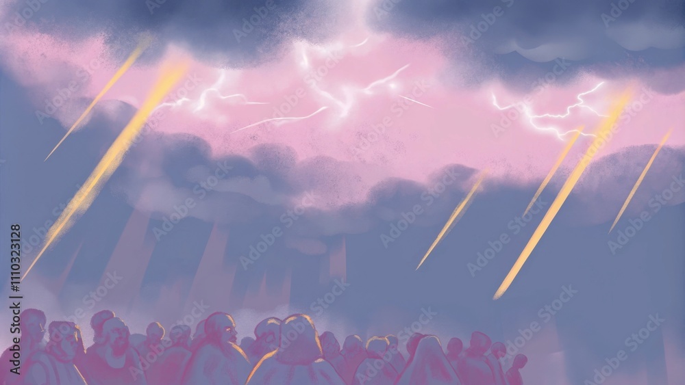 Poster the dramatic scene unfolds with storm clouds hanging low in the sky thick and gray. bright golden ra