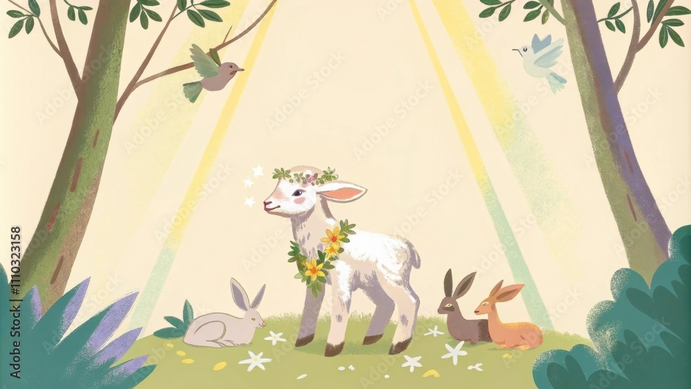 Poster the lamb stands adorned with a garland of flowers symbolizing triumph and natures beauty. around it 