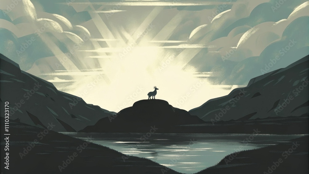 Poster the lamb has its head held high standing atop a large rock formation with an expansive bright sky ab