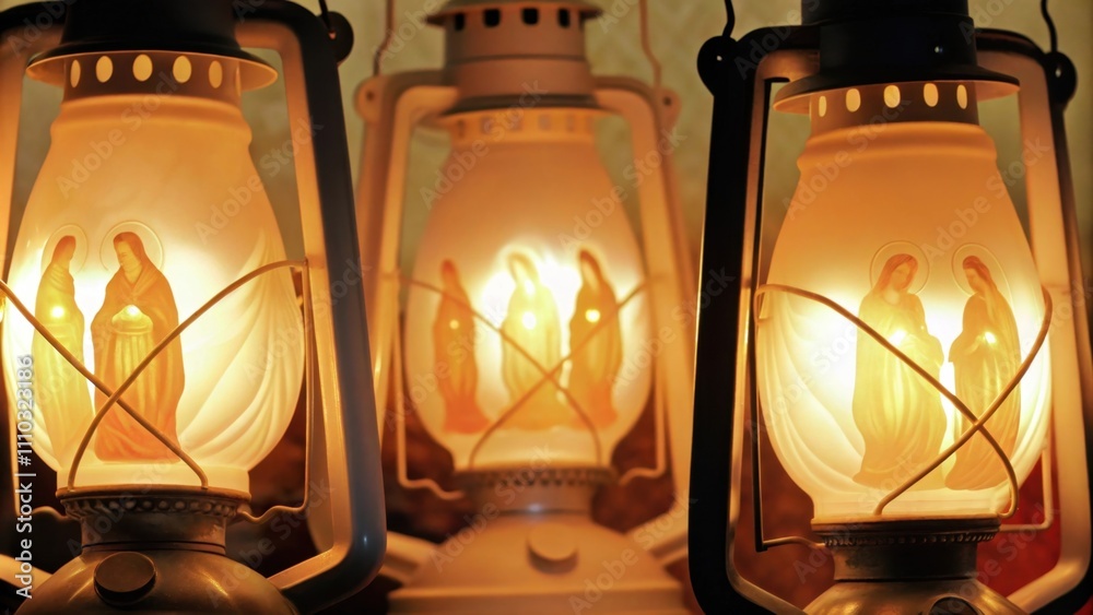 Poster the lanterns glow a closeup focus on the glowing lanterns that the wise virgins carry. each lantern 
