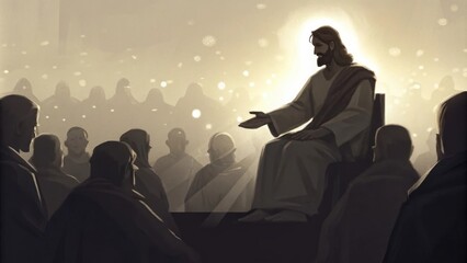 The Invitation Jesus is portrayed with a gentle smile seated confidently at Gods right extending His hand as if inviting all souls to join Him. Surrounding them a soft glow. Cartoon