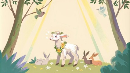 The lamb stands adorned with a garland of flowers symbolizing triumph and natures beauty. Around it a congregation of gentle creaturesbirds rabbits and deergather creating a. Cartoon