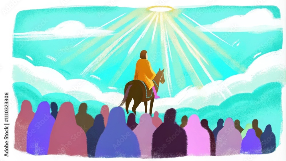 Poster the scene is infused with a sense of divinity as the rider characterized by humble attire gazes comp