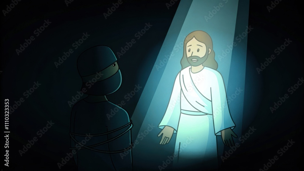 Poster the thief with his hands bound looks up at jesus with a mix of regret and longing. the scene is fill