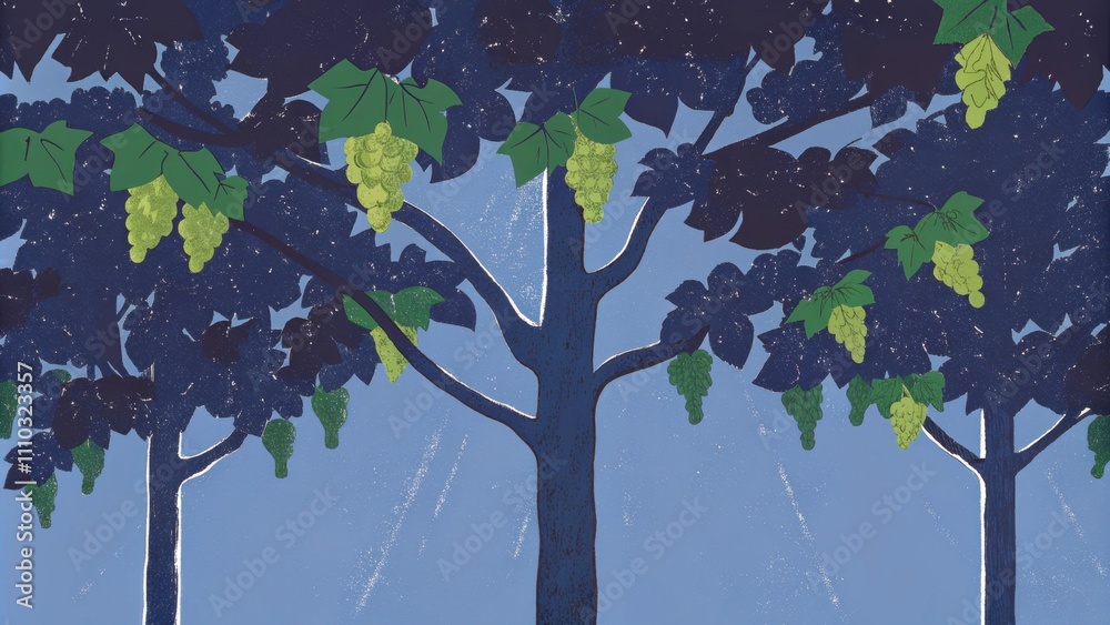 Aufkleber Under a canopy of deep blue skies a robust vine rises majestically its branches spreading wide displaying an abundance of greenery and s of grapes in various stages of riss.. Cartoon