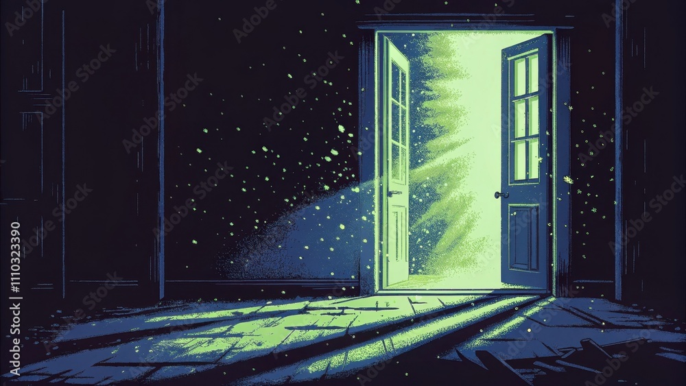 Poster Within a darkened room streams of light filter through the cracks of an old door. Dust particles dance in the shafts of light creating a soft warm atmosphere that contrasts with. Cartoon
