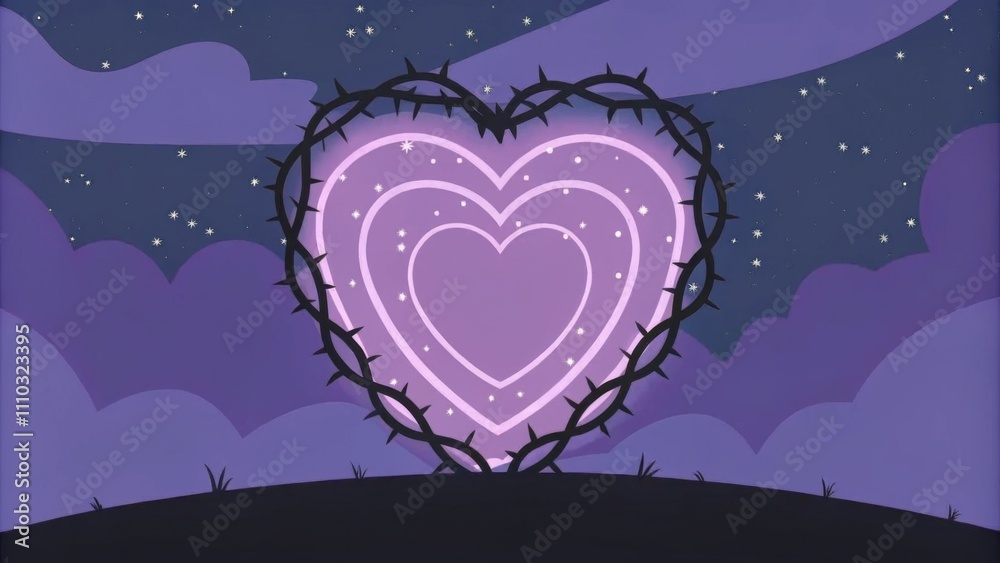 Aufkleber under a starry sky a heart with a rich violet glow is enveloped in an intricate pattern of thorns th