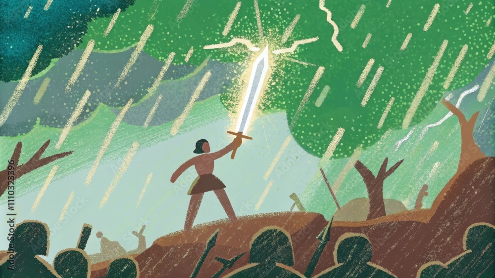 Poster A battlefield scene where a warrior stands tall wielding a glowing sword its edges sharp and brilliant. The background is chaotic filled with shadowy figures representing despair.. Cartoon
