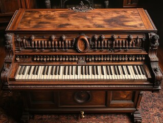 Antique ornate wooden reed organ with keyboard, pipes, and carvings.