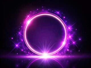 Abstract Night Photography of a Purple Glow Ring with Neon Light Effects, Radiant Circular Frame, and Energy Sparks on Black Background for Digital Art and Design Use
