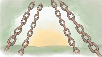 Obraz premium Twisted chains heavily corroded dangle from the mouth of a cave juxtaposed against the stark contrast of the caves dark interior. Glimmers of light peek from deeper within. Cartoon