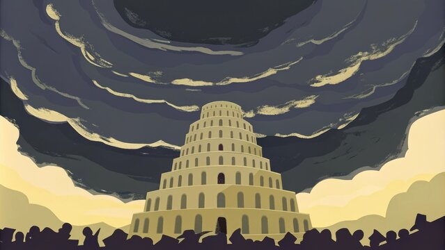 Visualize a panoramic view of the Tower of Babel set against a turbulent sky where dark clouds swirl ominously as if foreshadowing impending chaos. Sunlight breaks through sporadic. Cartoon