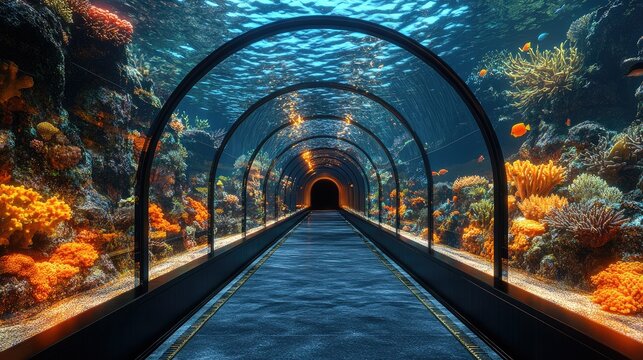 Fototapeta Underwater tunnel aquarium with vibrant coral reefs and diverse fish species.