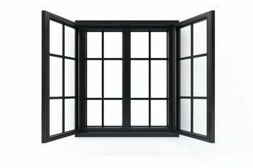 Black-framed window, panes, open, light, clean.