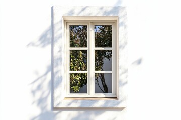 White wall, window, foliage reflection, sunlight shadows.