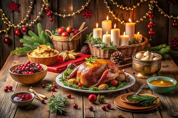 Festive Christmas Holiday Feast Display with Traditional Dishes, Beautiful Table Setting, and Seasonal Decor for a Cozy and Inviting Atmosphere