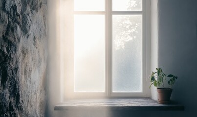 Fototapeta premium Sunlit window, plant, stone wall, wooden sill.
