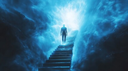 Silhouette of a person ascending a stairway to heaven, surrounded by blue clouds and a bright light.
