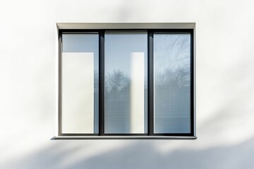 Modern window, three panes, black frame, white wall.