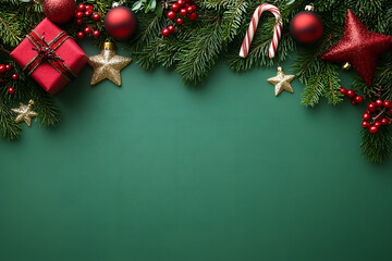 Christmas background with red and green decorations. Christmas tree branches, gifts, candy canes, stars, and ornaments on a dark green background.