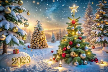 Festive Landscape Featuring Decorated Christmas Tree Branches and New Year's Ornaments for a Joyous Celebration of 2023