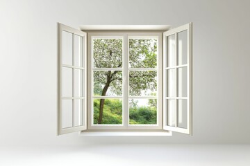 Open window shows tree, greenery, outdoors.