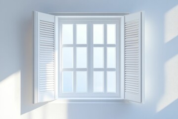 Fototapeta premium White window, open shutters, sunlight streams in.