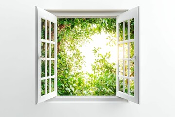 Fototapeta premium Open window, bright sunlight, lush green foliage.