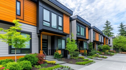 Modern townhouse, home with vibrant colors and landscaped surroundings.