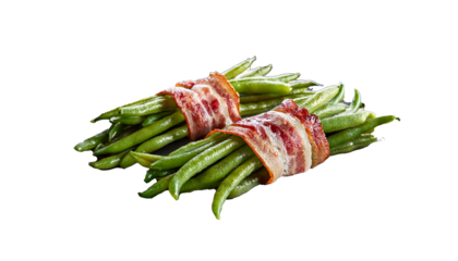 Green beans wrapped in bacon isolated on white background, cut out