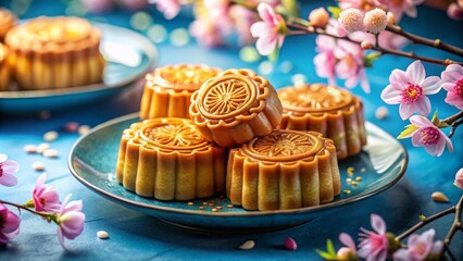 Four Exquisite Golden Mooncakes with Floral Details on a Blue Plate Surrounded by Delicate Cherry Blossoms in a Soft Bokeh Background