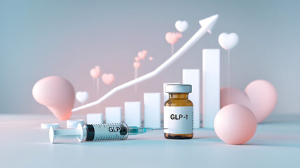 GLP-1 Syringe and Vial on Clean Surface with Healthcare Progress Symbolized by Bar Graph. hormone therapy benefits, glp1 copy space background