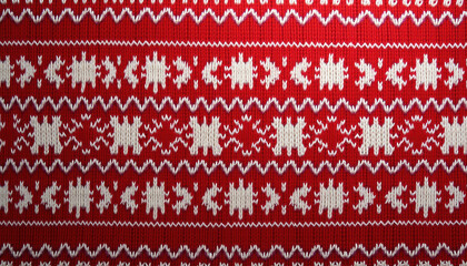 Knitted Christmas background with intricate patterns in red and white, perfect for festive holiday designs.