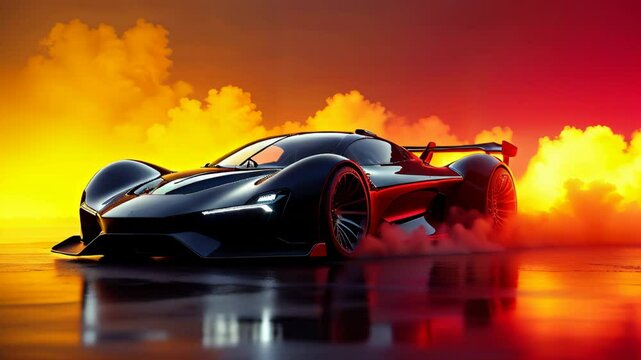 Sports car with yellow and red smoke in the background. Smoke animation, demonstration of a new sports car