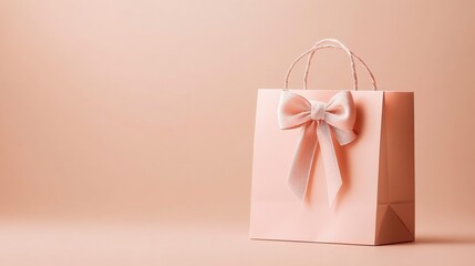 Elegant Pink Gift Bag with Bow on a Soft Peach Background