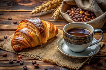 Freshly Baked Croissant and Espresso on Dark Concrete Table for a Cozy French Breakfast Experience with Buns and Rolls in a Cafe Setting