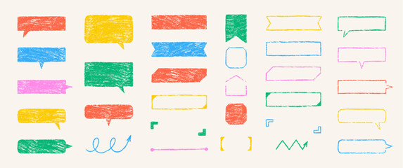 Set of text boxes and speech bubbles with crayon or chalk texture. Outline frames and arrows. Multicolor Japan handwritten illustration .