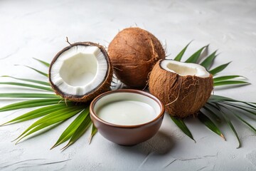 Freshly Picked Coconuts and Creamy Coconut Milk on a Minimalist White Background for a Clean, Tropical Aesthetic