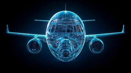 Abstract Background Material Science Composites Crystallography Futuristic holographic representation of an airplane in blue light.