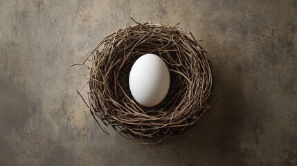 Fototapeta premium White Egg Nestled in Natural Twigs Against Dark Background