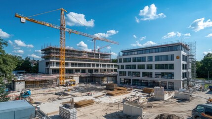 Construction of modern commercial buildings with cranes and scaffolding in a vibrant urban area during a sunny day