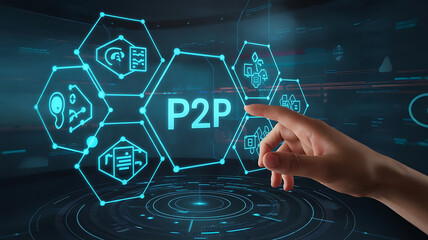 businessman pressing virtual button p2p, peer-to-peer network concept, Peer-to-peer communication, Cyber network